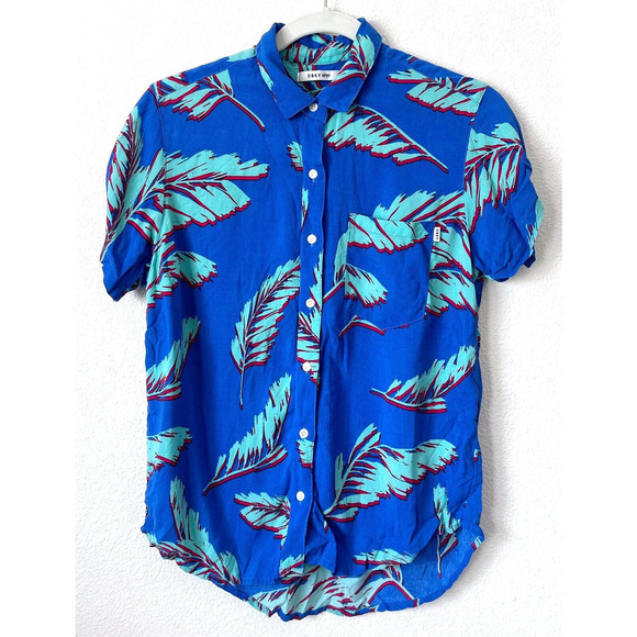 Obey Womens Shirt Size Small Button Front Blue Palm Hawaiian Pocket Rayon Top - Picture 1 of 6